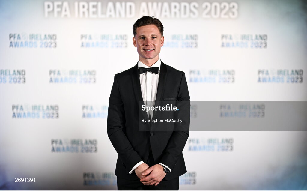 2 December 2023; Recently retired Shelbourne captain Luke Byrne on arrival at the PFA Ireland Awards 2023 at Anantara The Marker Dublin Hotel in Dublin. Photo by Stephen McCarthy/Sportsfile
