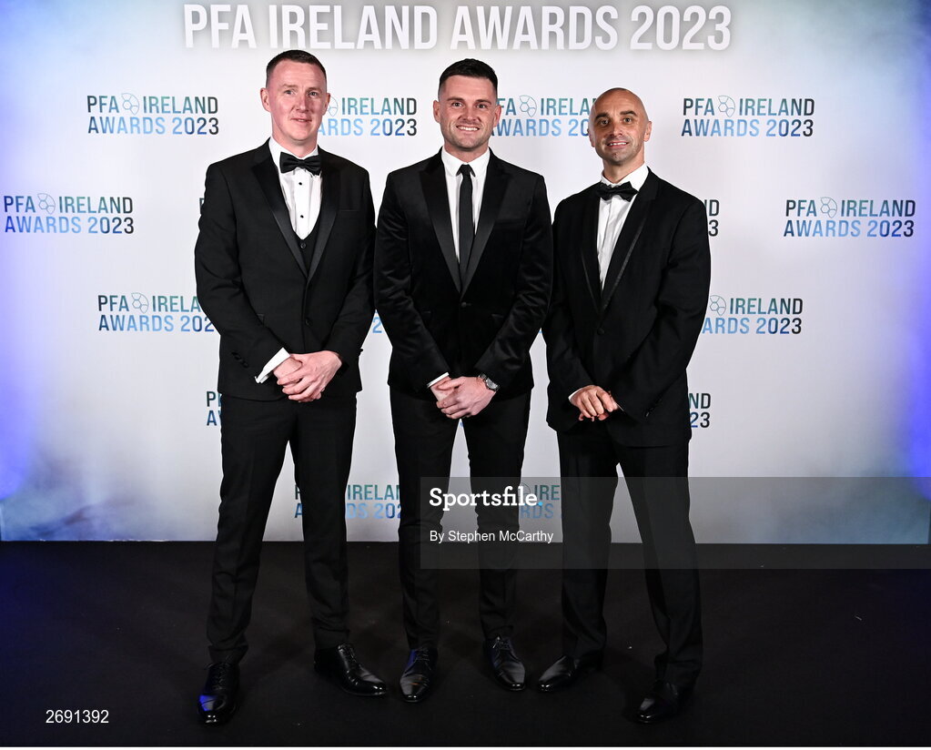 2 December 2023; Referees, from left, Damien MacGraith, Rob Hennessy and Neil Doyle on arrival at the PFA Ireland Awards 2023 at Anantara The Marker Dublin Hotel in Dublin. Photo by Stephen McCarthy/Sportsfile