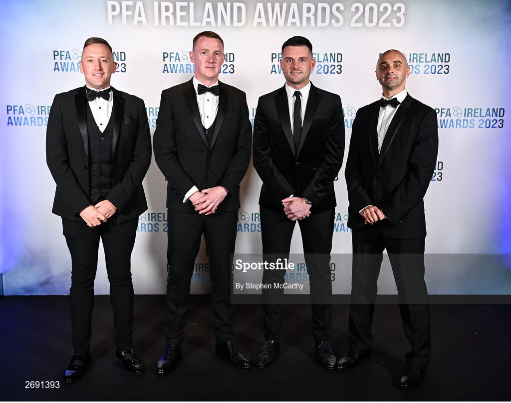 2 December 2023; Referees, from left, Alan Patchell, Damien MacGraith, Rob Hennessy and Neil Doyle on arrival at the PFA Ireland Awards 2023 at Anantara The Marker Dublin Hotel in Dublin. Photo by Stephen McCarthy/Sportsfile
