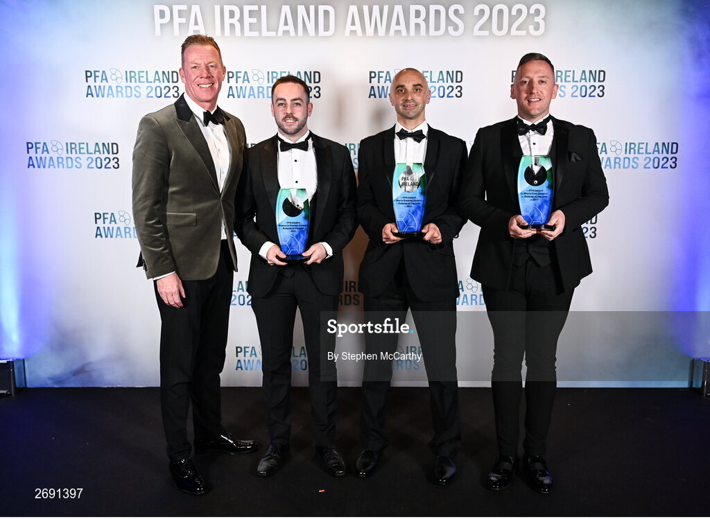 2 December 2023; PFA Ireland general secretary Stephen McGuinness, left, with referees of the Year, from left, Chris Sheehan with the PFA Ireland Women’s Premier Division Referee of the Year award, Neil Doyle with the PFA Ireland Men’s Premier Division Referee of the Year award, and Alan Patchell with the PFA Ireland Men’s First Division Referee of the Year award during the PFA Ireland Awards 2023 at Anantara The Marker Dublin Hotel in Dublin. Photo by Stephen McCarthy/Sportsfile