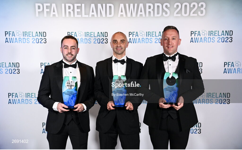 2 December 2023; Referees of the Year, from left, Chris Sheehan with the PFA Ireland Women’s Premier Division Referee of the Year award, Neil Doyle with the PFA Ireland Men’s Premier Division Referee of the Year award, and Alan Patchell with the PFA Ireland Men’s First Division Referee of the Year award during the PFA Ireland Awards 2023 at Anantara The Marker Dublin Hotel in Dublin. Photo by Stephen McCarthy/Sportsfile