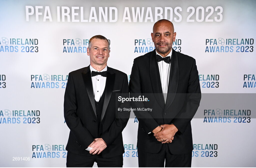 2 December 2023; Republic of Ireland U21 manager Jim Crawford, left, and Republic of Ireland U16 manager Paul Osam on arrival at the PFA Ireland Awards 2023 at Anantara The Marker Dublin Hotel in Dublin. Photo by Stephen McCarthy/Sportsfile