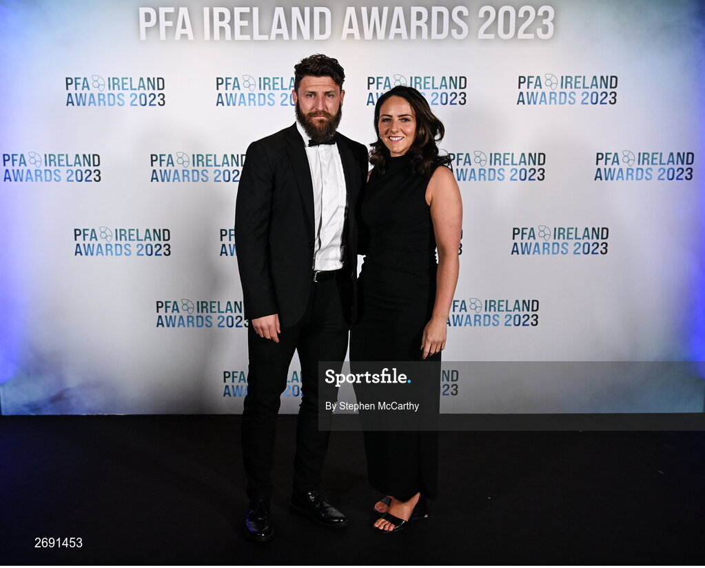 2 December 2023; Drogheda United's Gary Deegan and Grace Curran during the PFA Ireland Awards 2023 at Anantara The Marker Dublin Hotel in Dublin. Photo by Stephen McCarthy/Sportsfile