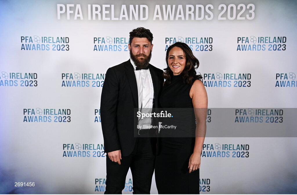 2 December 2023; Drogheda United's Gary Deegan and Grace Curran during the PFA Ireland Awards 2023 at Anantara The Marker Dublin Hotel in Dublin. Photo by Stephen McCarthy/Sportsfile