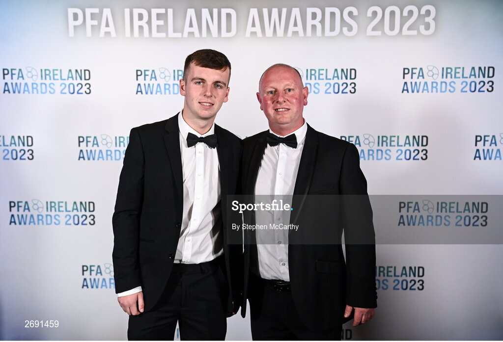 2 December 2023; Thomas Morgan and Thomas Morgan Jnr during the PFA Ireland Awards 2023 at Anantara The Marker Dublin Hotel in Dublin. Photo by Stephen McCarthy/Sportsfile