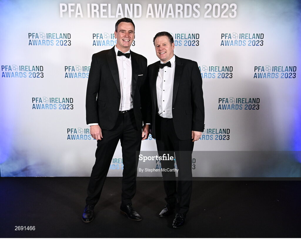 2 December 2023; Wexford manager James Keddy, right, and assistant manager Denis Hyland during the PFA Ireland Awards 2023 at Anantara The Marker Dublin Hotel in Dublin. Photo by Stephen McCarthy/Sportsfile