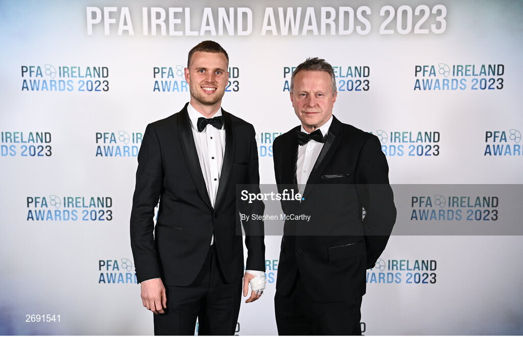 2 December 2023; Gerard Hanley and Liam McGrath during the PFA Ireland Awards 2023 at Anantara The Marker Dublin Hotel in Dublin. Photo by Stephen McCarthy/Sportsfile