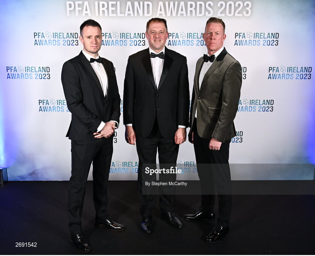 2 December 2023; PFA Ireland general secretary Stephen McGuinness, right, PFA Ireland chairperson Brendan Clarke, left, and Minister of State for Sport Thomas Byrne TD during the PFA Ireland Awards 2023 at Anantara The Marker Dublin Hotel in Dublin. Photo by Stephen McCarthy/Sportsfile