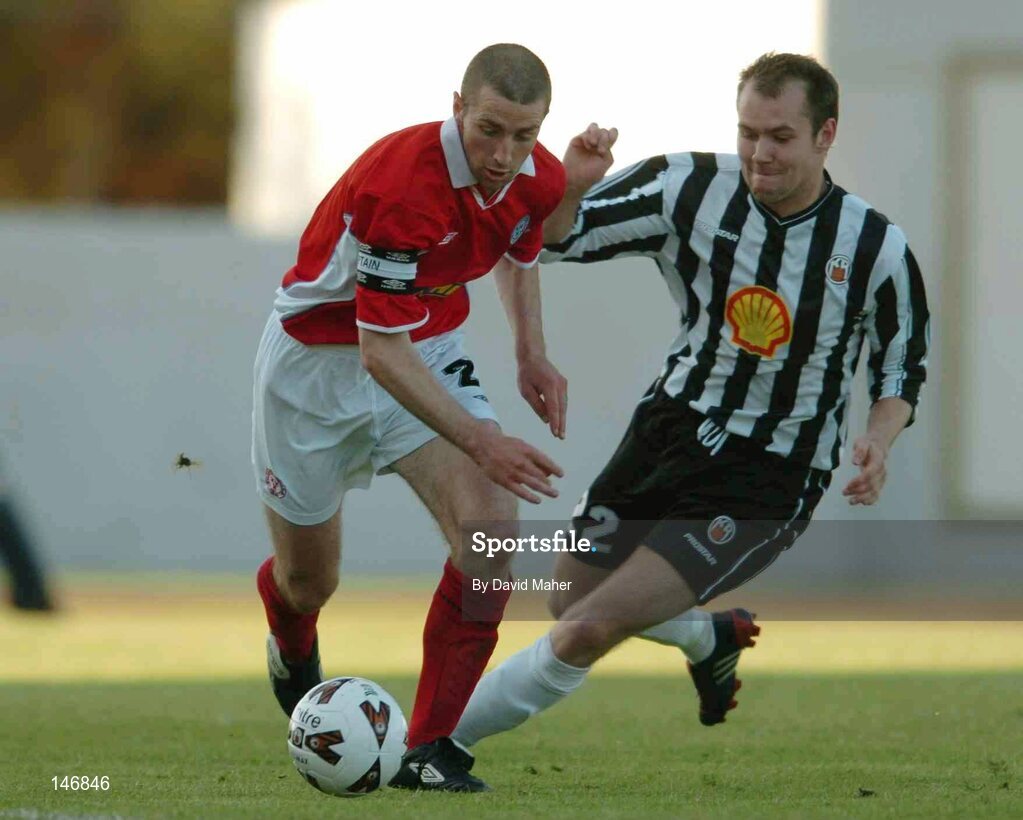 14 July 2004; Owen Heary, Shelbourne, in action against Sigmundur Kristjansson, KR Reykjavik. Champions League, Qualifying Round, KR Reykjavik v Shelbourne, KR stadium, Reykjavik, Iceland. Picture credit; David Maher / SPORTSFILE