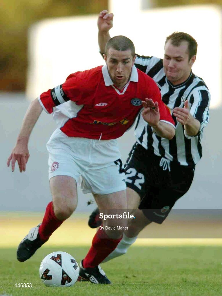 14 July 2004; Owen Heary, Shelbourne, in action against Sigmundur Kristjansson, KR Reykjavik. Champions League, Qualifying Round, KR Reykjavik v Shelbourne, KR stadium, Reykjavik, Iceland. Picture credit; David Maher / SPORTSFILE
