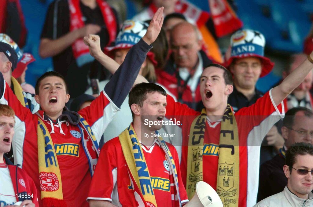14 July 2004; Shelbourne, supporters cheer on their team during the game. Champions League, Qualifying Round, KR Reykjavik v Shelbourne, KR stadium, Reykjavik, Iceland. Picture credit; David Maher / SPORTSFILE