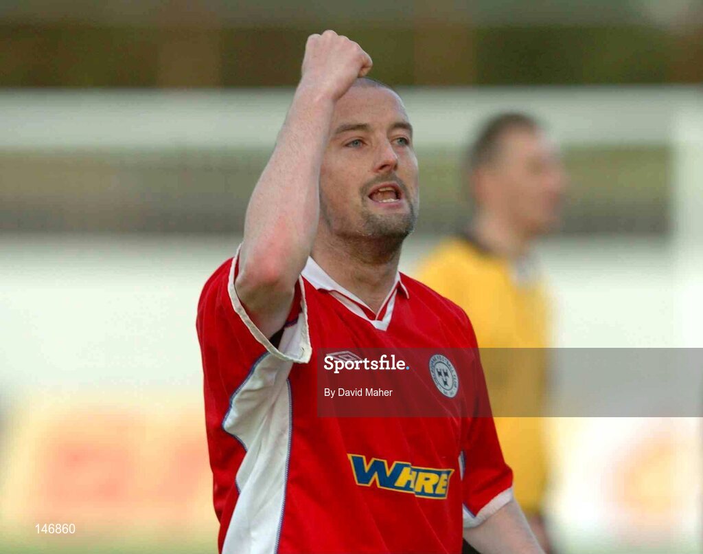 14 July 2004; Dave Rogers, Shelbourne, celebrates at the end of the game after a score draw against KR Reykjavik. Champions League, Qualifying Round, KR Reykjavik v Shelbourne, KR stadium, Reykjavik, Iceland. Picture credit; David Maher / SPORTSFILE