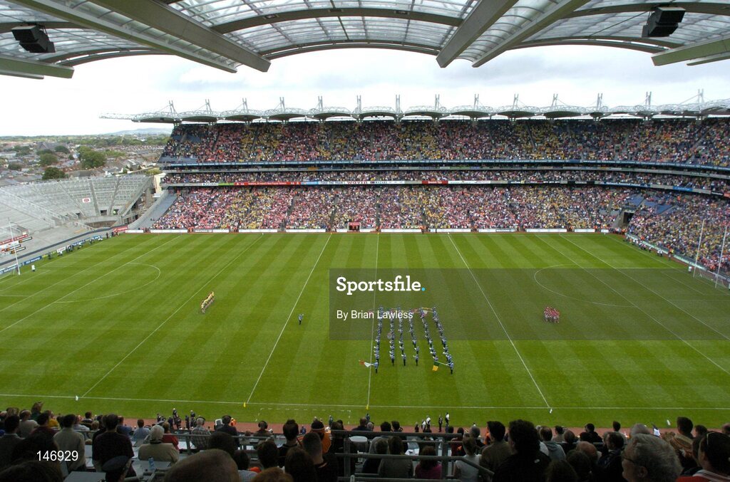 11 July 2004; The teams and fans stand for the National Anthem before the match. Bank of Ireland Ulster Senior Football Championship Final, Armagh v Donegal, Croke Park, Dublin. Picture credit; Brian Lawless / SPORTSFILE