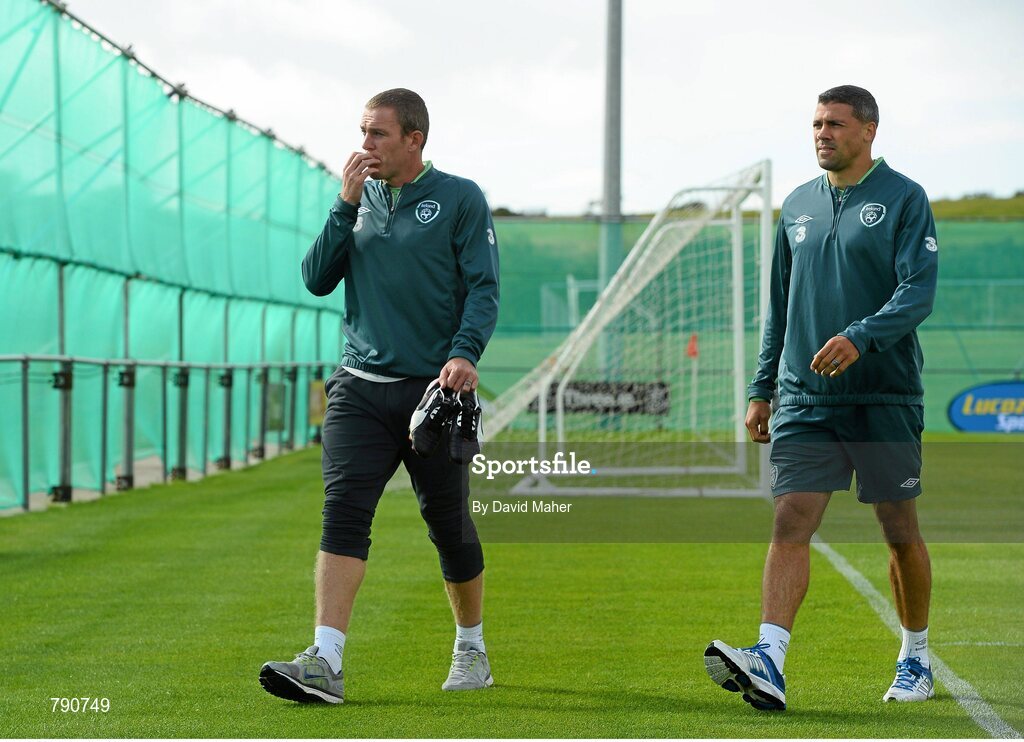 8 September 2013; Republic of Ireland's Richard Dunne and Jonathan Walters during squad training ahead of their 2014 FIFA World Cup Qualifier Group C game against Austria on Tuesday. Republic of Ireland Squad Training, Gannon Park, Malahide, Co. Dublin. Picture credit: David Maher / SPORTSFILE