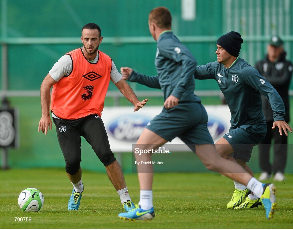 8 September 2013; Republic of Ireland's Marc Wilson, left, and Simon Cox during squad training ahead of their 2014 FIFA World Cup Qualifier Group C game against Austria on Tuesday. Republic of Ireland Squad Training, Gannon Park, Malahide, Co. Dublin. Picture credit: David Maher / SPORTSFILE