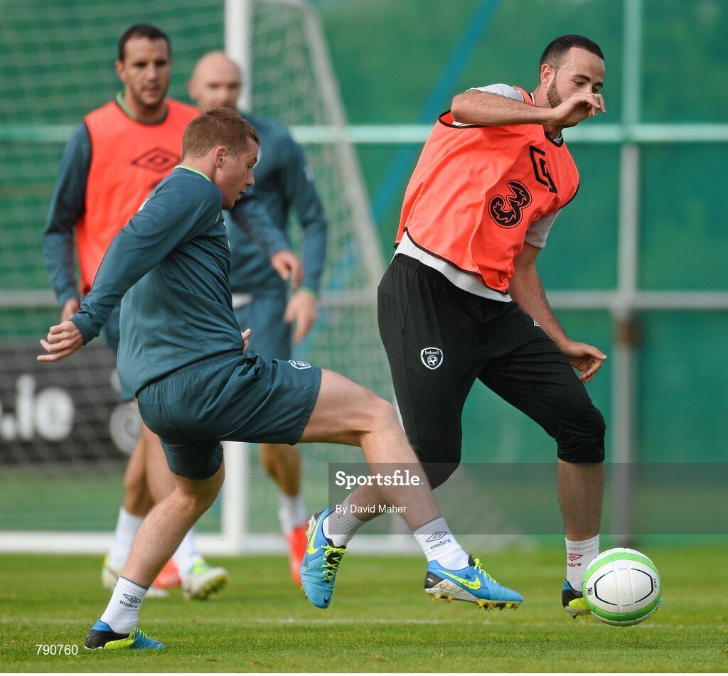 8 September 2013; Republic of Ireland's Marc Wilson, right, and James McCarthy  during squad training ahead of their 2014 FIFA World Cup Qualifier Group C game against Austria on Tuesday. Republic of Ireland Squad Training, Gannon Park, Malahide, Co. Dublin. Picture credit: David Maher / SPORTSFILE