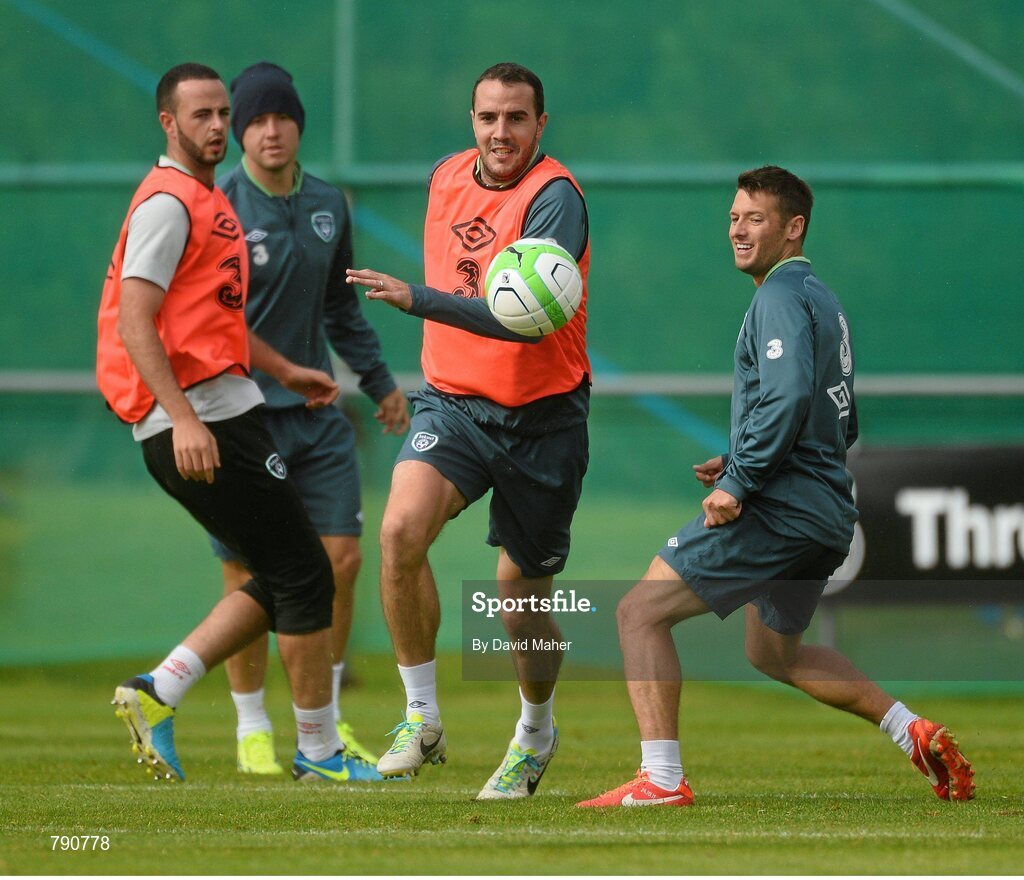 8 September 2013; Republic of Ireland's John O'Shea with Marc Wilson, left, and Wesley Hoolahan during squad training ahead of their 2014 FIFA World Cup Qualifier Group C game against Austria on Tuesday. Republic of Ireland Squad Training, Gannon Park, Malahide, Co. Dublin. Picture credit: David Maher / SPORTSFILE