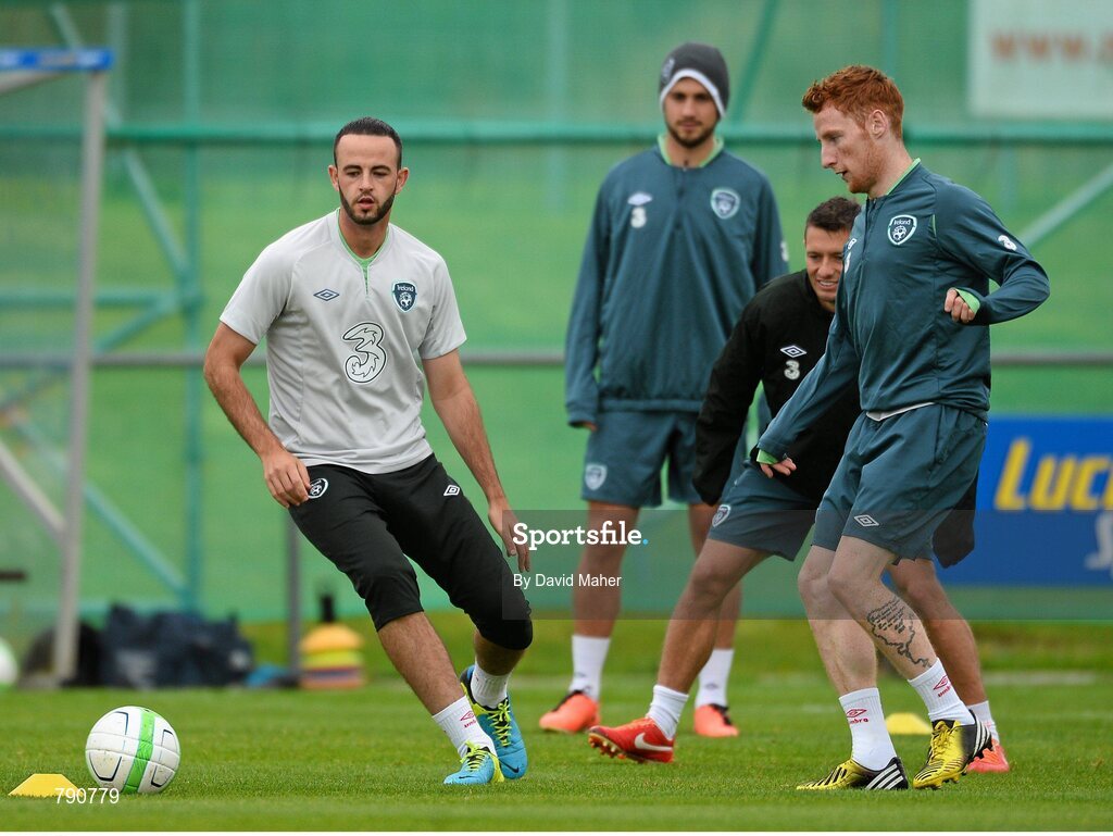 8 September 2013; Republic of Ireland's Marc Wilson, left, and Stephen Quinn during squad training ahead of their 2014 FIFA World Cup Qualifier Group C game against Austria on Tuesday. Republic of Ireland Squad Training, Gannon Park, Malahide, Co. Dublin. Picture credit: David Maher / SPORTSFILE