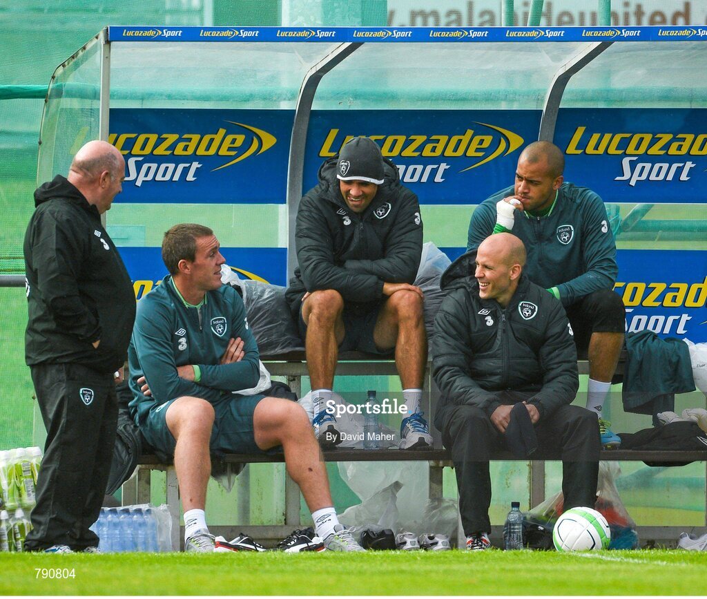 8 September 2013; Republic of Ireland's Richard Dunne, left, Jonathan Walters, centre, and Darren Randolph sitout squad training ahead of their 2014 FIFA World Cup Qualifier Group C game against Austria on Tuesday. Republic of Ireland Squad Training, Gannon Park, Malahide, Co. Dublin. Picture credit: David Maher / SPORTSFILE