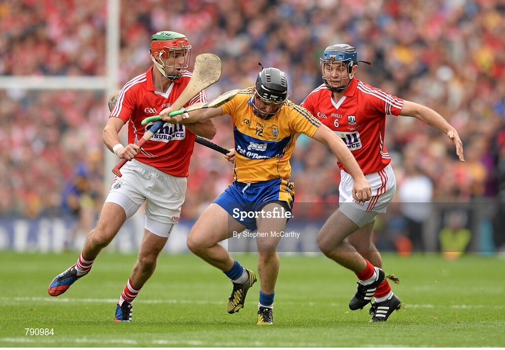 8 September 2013; Colin Ryan, Clare, in action against Stephen McDonnell, left, and Christopher Joyce, Cork. GAA Hurling All-Ireland Senior Championship Final, Cork v Clare, Croke Park, Dublin. Picture credit: Stephen McCarthy / SPORTSFILE
