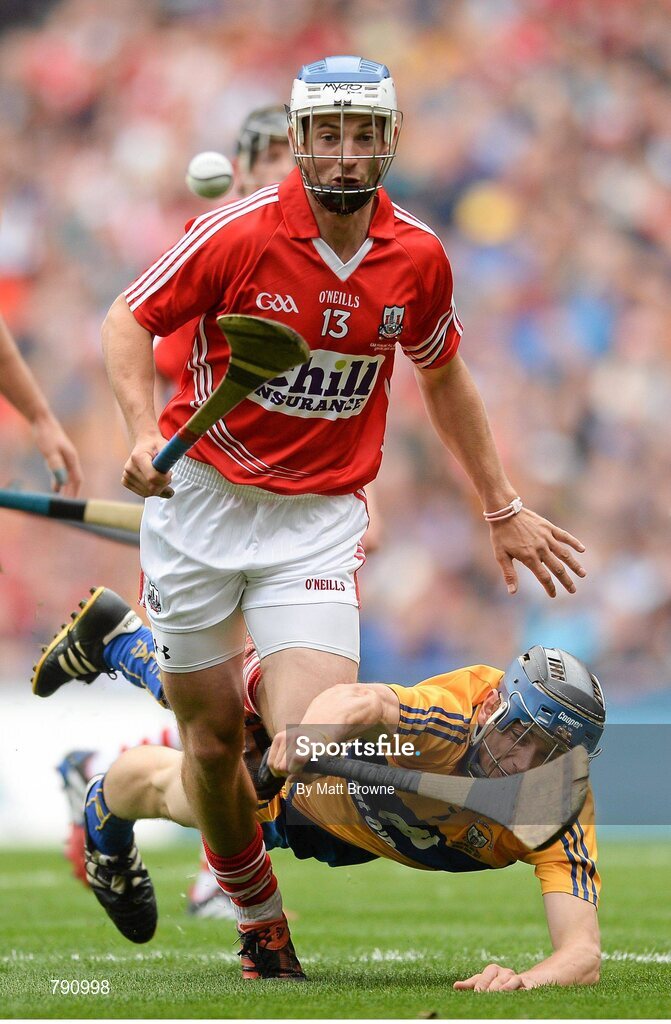 8 September 2013; Luke O'Farrell, Cork, in action against David McInerney, Clare. GAA Hurling All-Ireland Senior Championship Final, Cork v Clare, Croke Park, Dublin. Picture credit: Matt Browne / SPORTSFILE