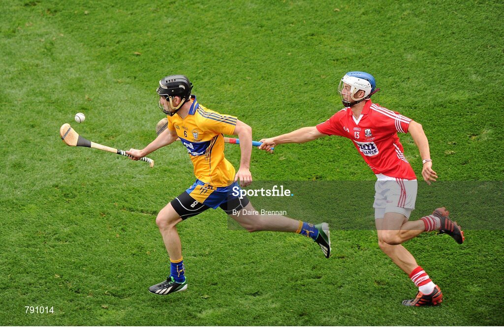 8 September 2013; Patrick Donnellan, Clare, in action against Luke O'Farrell, Cork. GAA Hurling All-Ireland Senior Championship Final, Cork v Clare, Croke Park, Dublin. Picture credit: Dáire Brennan / SPORTSFILE