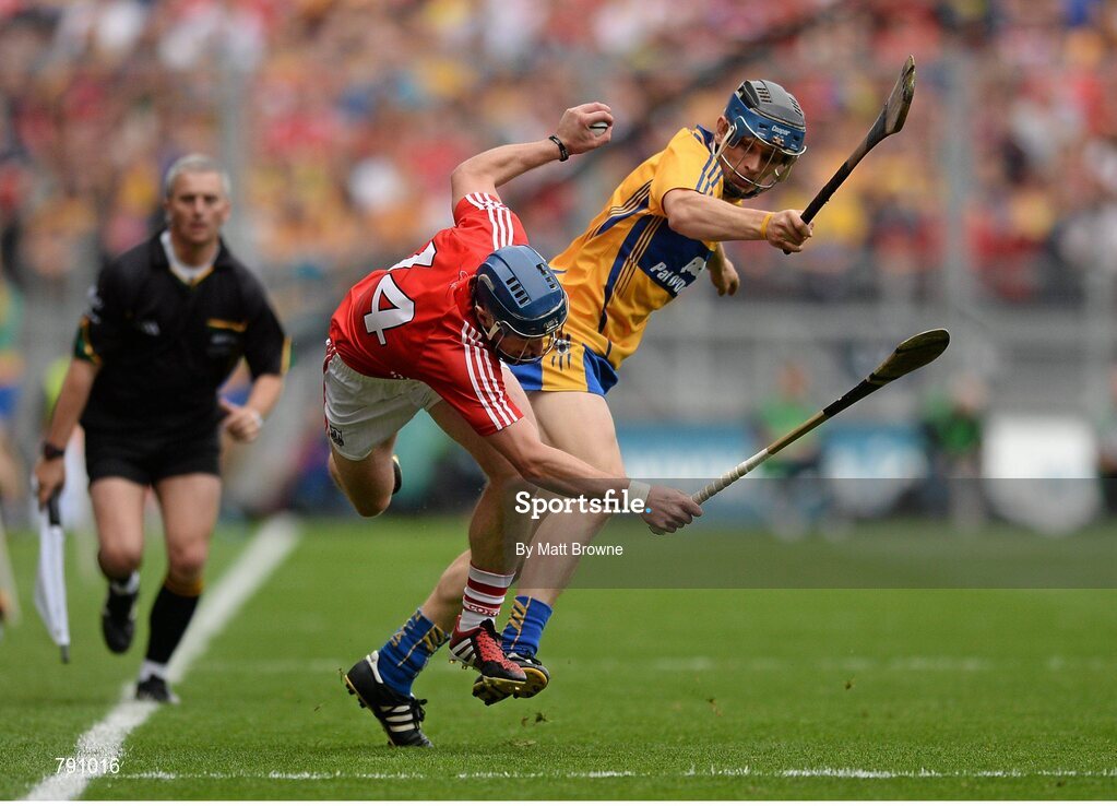 8 September 2013; Patrick Horgan, Cork, is tackled by David McInerney, Clare. GAA Hurling All-Ireland Senior Championship Final, Cork v Clare, Croke Park, Dublin. Picture credit: Matt Browne / SPORTSFILE