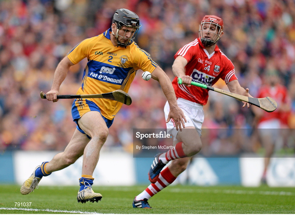 8 September 2013; Domhnall O'Donovan, Clare, in action against Stephen Moylan, Cork. GAA Hurling All-Ireland Senior Championship Final, Cork v Clare, Croke Park, Dublin. Picture credit: Stephen McCarthy / SPORTSFILE