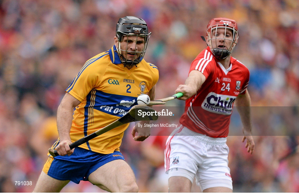 8 September 2013; Domhnall O'Donovan, Clare, in action against Stephen Moylan, Cork. GAA Hurling All-Ireland Senior Championship Final, Cork v Clare, Croke Park, Dublin. Picture credit: Stephen McCarthy / SPORTSFILE