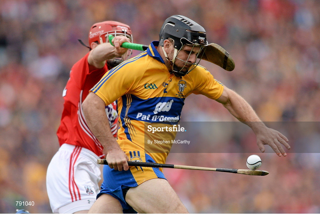 8 September 2013; Domhnall O'Donovan, Clare, in action against Stephen Moylan, Cork. GAA Hurling All-Ireland Senior Championship Final, Cork v Clare, Croke Park, Dublin. Picture credit: Stephen McCarthy / SPORTSFILE