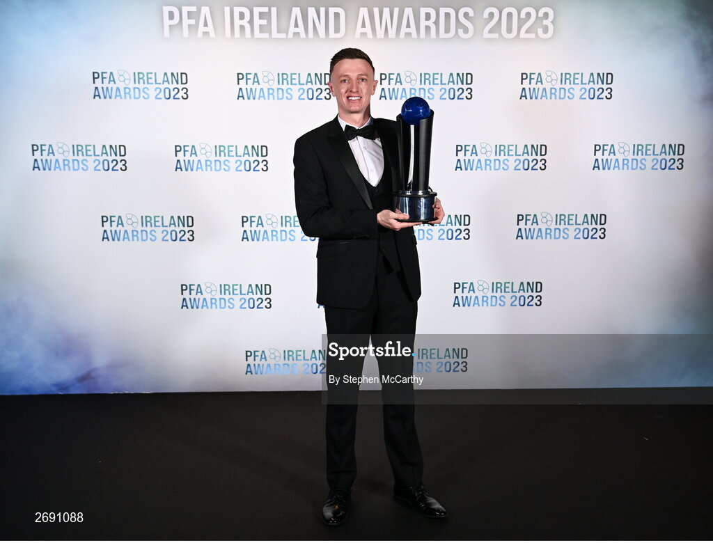2 December 2023; Chris Forrester of St Patrick's Athletic with the PFA Ireland Men’s Player of the Year award during the PFA Ireland Awards 2023 at Anantara The Marker Dublin Hotel in Dublin. Photo by Stephen McCarthy/Sportsfile