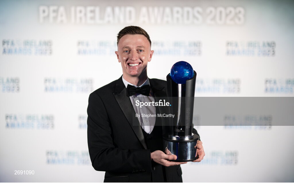 2 December 2023; Chris Forrester of St Patrick's Athletic with the PFA Ireland Men’s Player of the Year award during the PFA Ireland Awards 2023 at Anantara The Marker Dublin Hotel in Dublin. Photo by Stephen McCarthy/Sportsfile