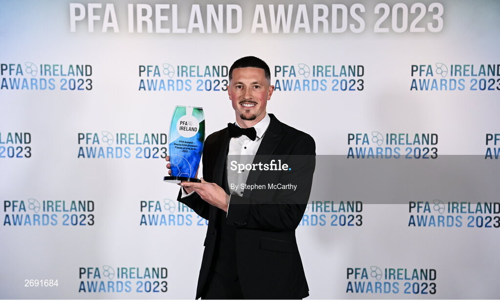 2 December 2023; Ronan Coughlan of Waterford with the PFA Ireland Men’s First Division Player of the Year award during the PFA Ireland Awards 2023 at Anantara The Marker Dublin Hotel in Dublin. Photo by Stephen McCarthy/Sportsfile