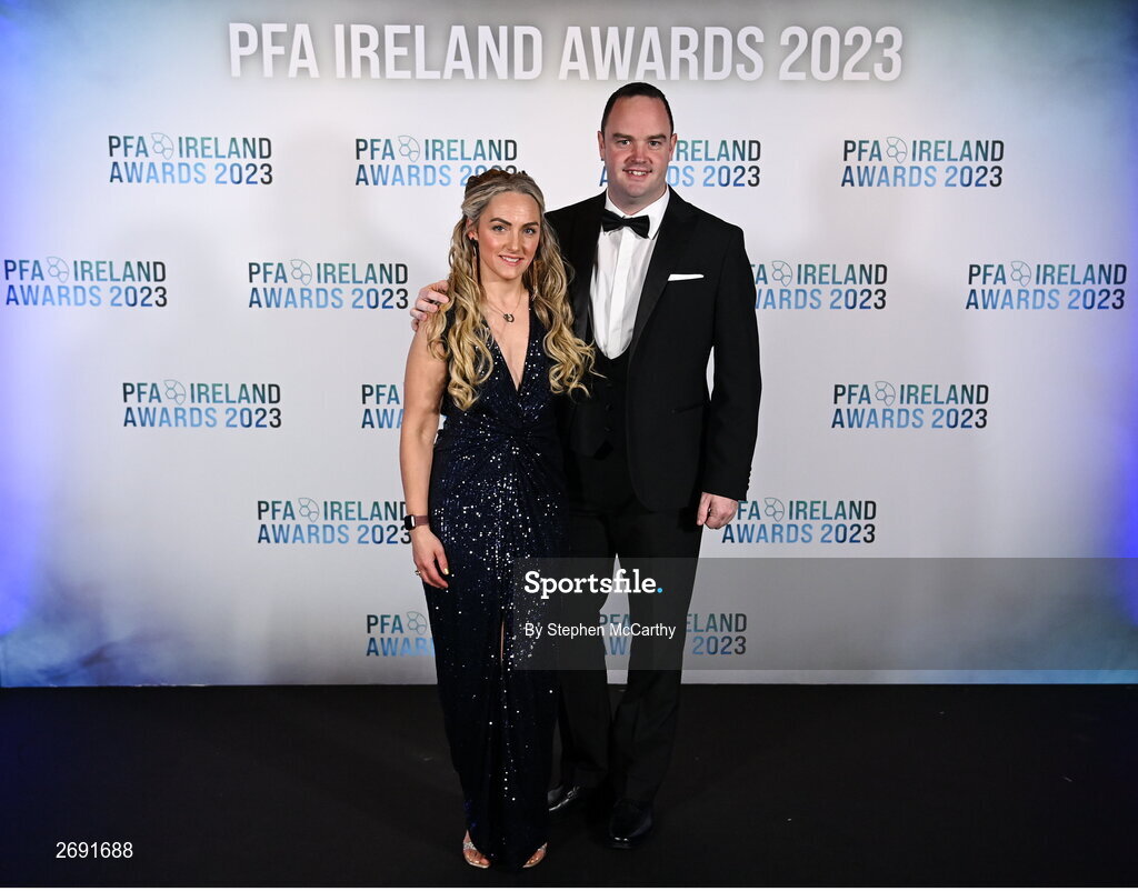 2 December 2023; Neil and Laura Doyle during the PFA Ireland Awards 2023 at Anantara The Marker Dublin Hotel in Dublin. Photo by Stephen McCarthy/Sportsfile