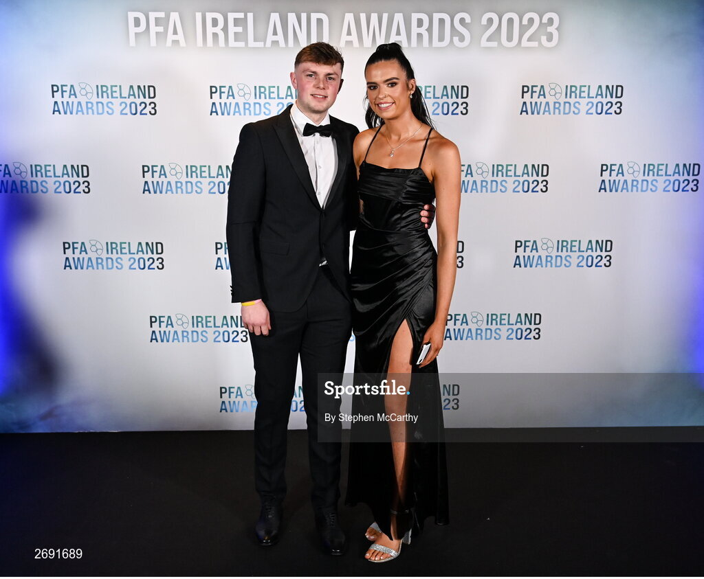 2 December 2023; Shamrock Rovers' Jessica Hennessy and Dylan Hand during the PFA Ireland Awards 2023 at Anantara The Marker Dublin Hotel in Dublin. Photo by Stephen McCarthy/Sportsfile