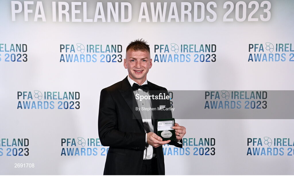 2 December 2023; Stephen Walsh of Galway United with his PFA Ireland Men’s First Division Team of the Year medal during the PFA Ireland Awards 2023 at Anantara The Marker Dublin Hotel in Dublin. Photo by Stephen McCarthy/Sportsfile