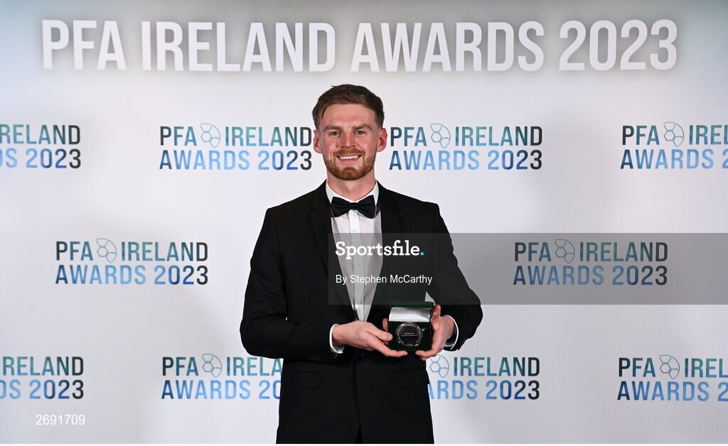 2 December 2023; Rob Slevin of Galway United with his PFA Ireland Men’s First Division Team of the Year medal during the PFA Ireland Awards 2023 at Anantara The Marker Dublin Hotel in Dublin. Photo by Stephen McCarthy/Sportsfile