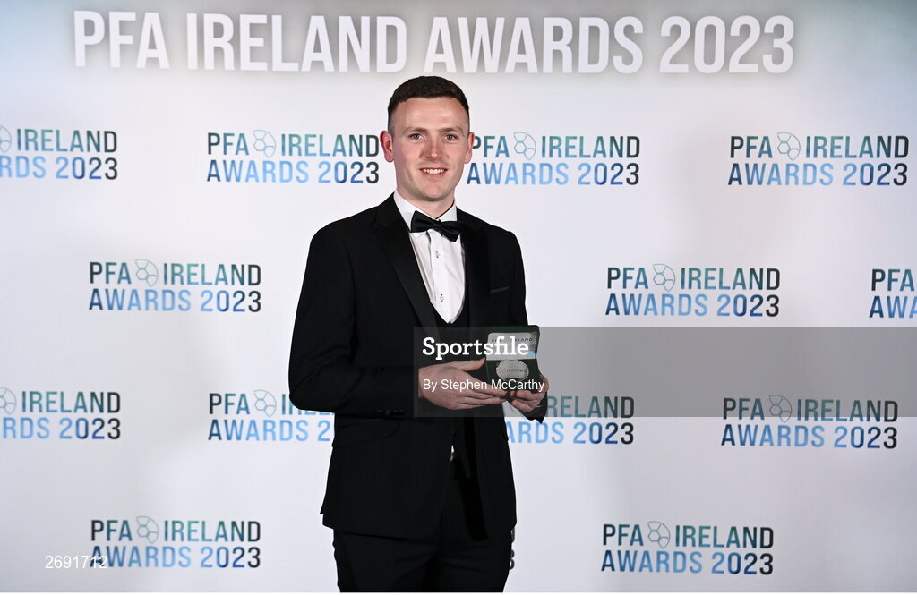 2 December 2023; Killian Brouder of Galway United with his PFA Ireland Men’s First Division Team of the Year medal during the PFA Ireland Awards 2023 at Anantara The Marker Dublin Hotel in Dublin. Photo by Stephen McCarthy/Sportsfile