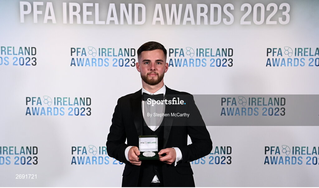 2 December 2023; Ryan Burke of Waterford with his PFA Ireland Men’s First Division Team of the Year medal during the PFA Ireland Awards 2023 at Anantara The Marker Dublin Hotel in Dublin. Photo by Stephen McCarthy/Sportsfile
