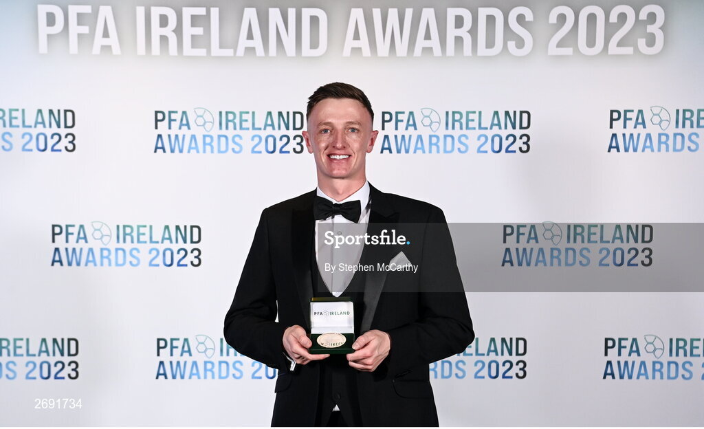 2 December 2023; Chris Forrester of St Patrick's Athletic with his PFA Ireland Men’s Premier Division Team of the Year 2023 medal during the PFA Ireland Awards 2023 at Anantara The Marker Dublin Hotel in Dublin. Photo by Stephen McCarthy/Sportsfile