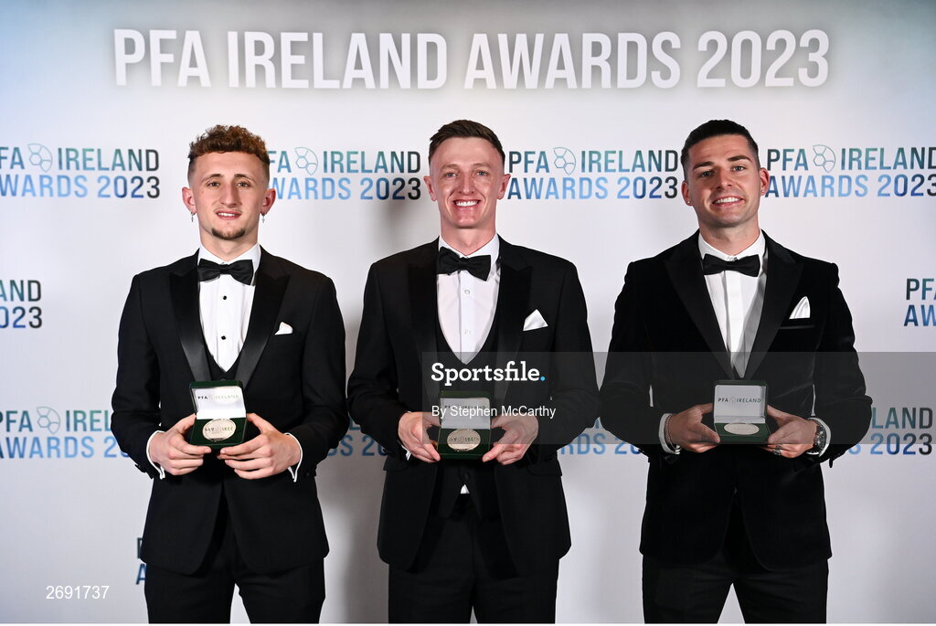 2 December 2023; St Patrick's Athletic PFA Ireland Men’s Premier Division Team of the Year 2023 award recipients, from left, Sam Curtis, Chris Forrester and Ruairí Keating, formerly of Cork City, during the PFA Ireland Awards 2023 at Anantara The Marker Dublin Hotel in Dublin. Photo by Stephen McCarthy/Sportsfile