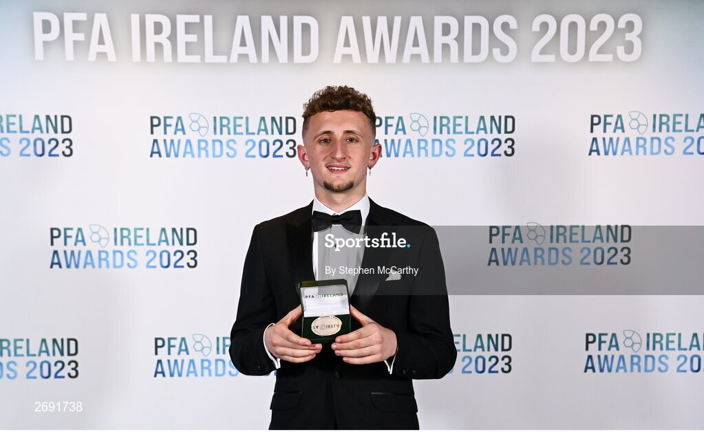 2 December 2023; Sam Curtis of St Patrick's Athletic with his PFA Ireland Men’s Premier Division Team of the Year 2023 medal during the PFA Ireland Awards 2023 at Anantara The Marker Dublin Hotel in Dublin. Photo by Stephen McCarthy/Sportsfile