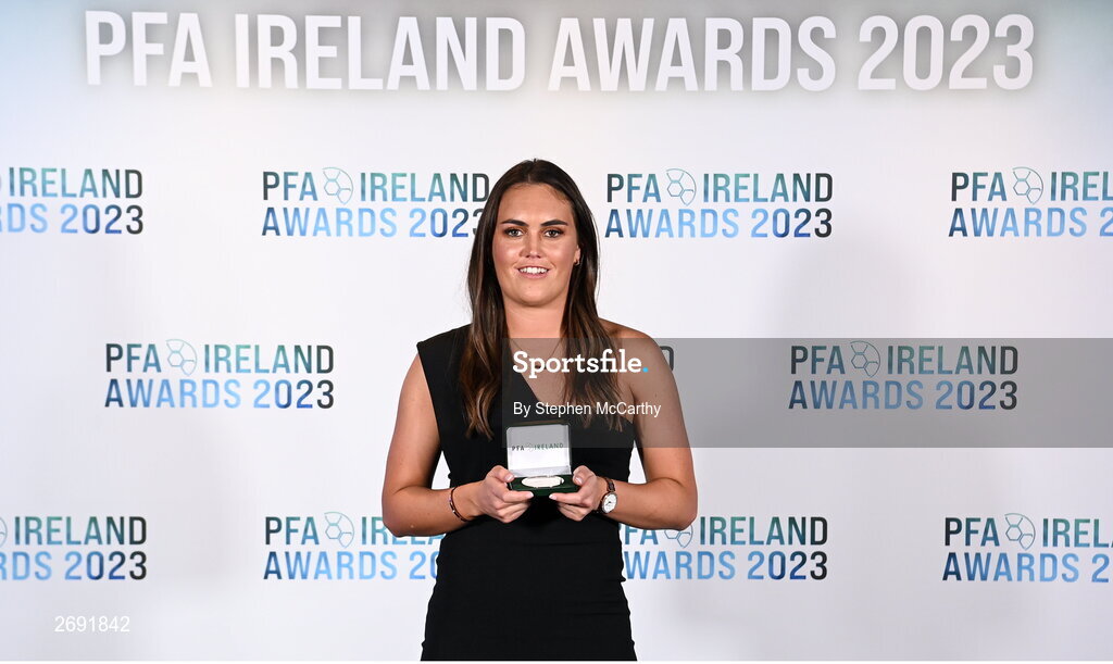 2 December 2023; Jess Gargan of Shamrock Rovers with her PFA Ireland Women’s Premier Division Team of the Year medal during the PFA Ireland Awards 2023 at Anantara The Marker Dublin Hotel in Dublin. Photo by Stephen McCarthy/Sportsfile