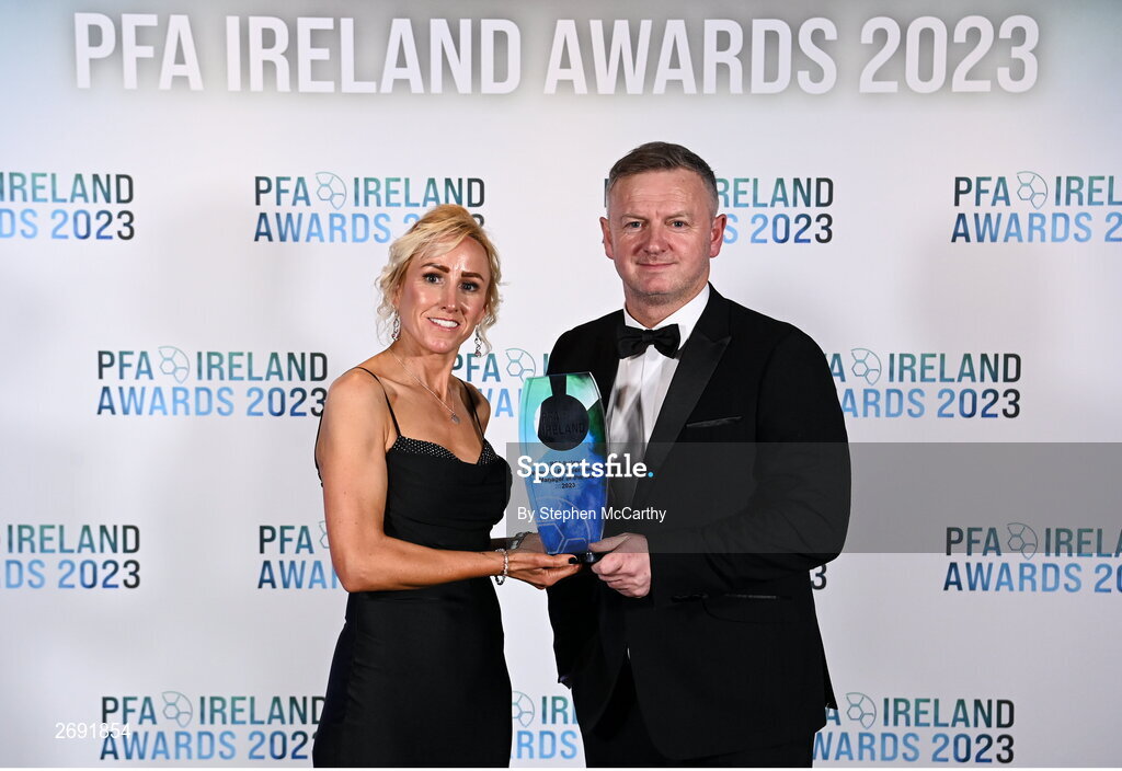 2 December 2023; Peamount United manager James O'Callaghan is presented with the PFA Ireland Women's Manager of the Year award by former Republic of Ireland international Caroline Thorpe during the PFA Ireland Awards 2023 at Anantara The Marker Dublin Hotel in Dublin. Photo by Stephen McCarthy/Sportsfile