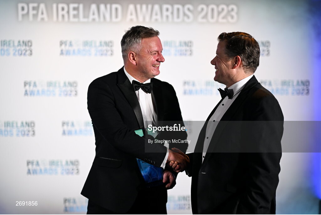 2 December 2023; Peamount United manager James O'Callaghan, left, is congratulated by Wexford manager James Keddy after winning the PFA Ireland Women's Manager of the Year award during the PFA Ireland Awards 2023 at Anantara The Marker Dublin Hotel in Dublin. Photo by Stephen McCarthy/Sportsfile