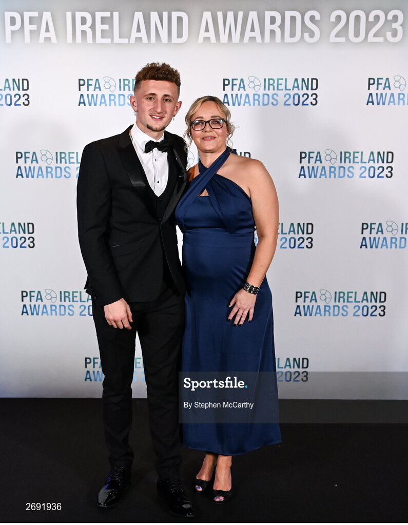 2 December 2023; Sam Curtis of St Patrick's Athletic and Louise Kearns during the PFA Ireland Awards 2023 at Anantara The Marker Dublin Hotel in Dublin. Photo by Stephen McCarthy/Sportsfile