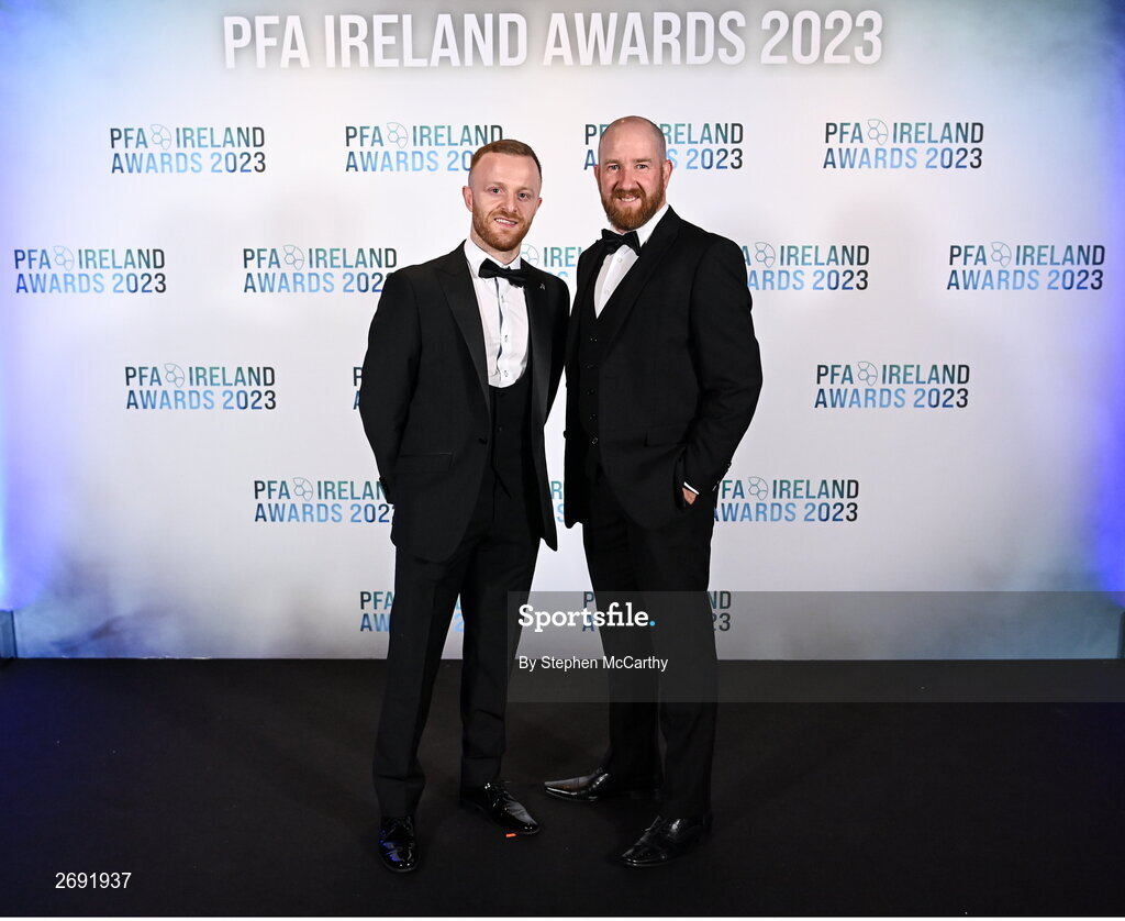 2 December 2023; Cobh Ramblers manager Shane Keegan, right, and Jack Doherty during the PFA Ireland Awards 2023 at Anantara The Marker Dublin Hotel in Dublin. Photo by Stephen McCarthy/Sportsfile