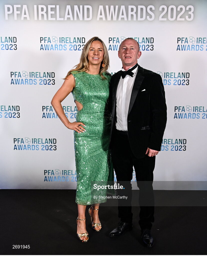 2 December 2023; Trevor Molloy and Lisa Freeman during the PFA Ireland Awards 2023 at Anantara The Marker Dublin Hotel in Dublin. Photo by Stephen McCarthy/Sportsfile