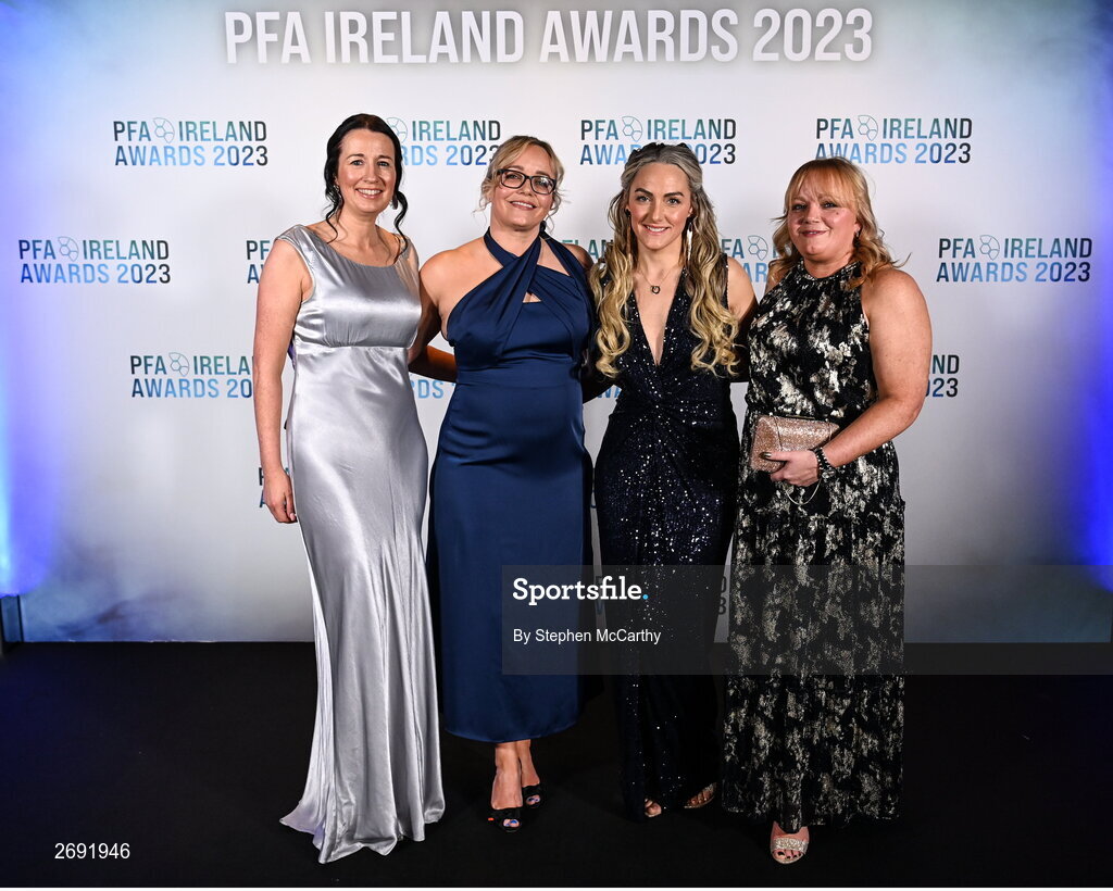2 December 2023; Michelle Fitzpatrick, Louise Kearns, Laura Doyle and Fiona Carson during the PFA Ireland Awards 2023 at Anantara The Marker Dublin Hotel in Dublin. Photo by Stephen McCarthy/Sportsfile