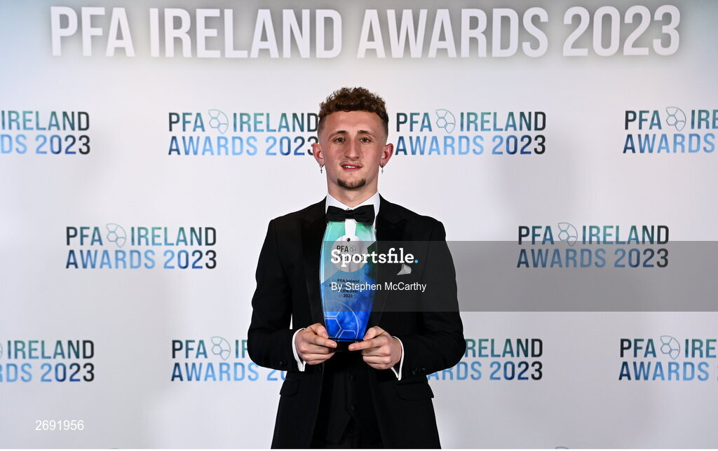 2 December 2023; Sam Curtis of St Patrick's Athletic with the PFA Ireland Men’s Young Player of the Year award during the PFA Ireland Awards 2023 at Anantara The Marker Dublin Hotel in Dublin. Photo by Stephen McCarthy/Sportsfile